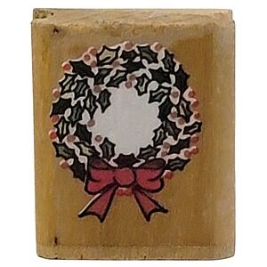VTG 90s Noteworthy Christmas Wreath Rubber Stamp XM1245 1994 1" Wood Mounted